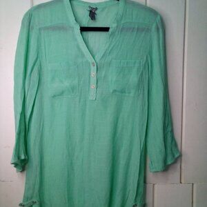 Vanity Blouse Women S Sheer 3/4 Sleeve Pockets Green